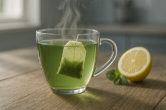 Feuilles de thé vert sur une table en bois naturel