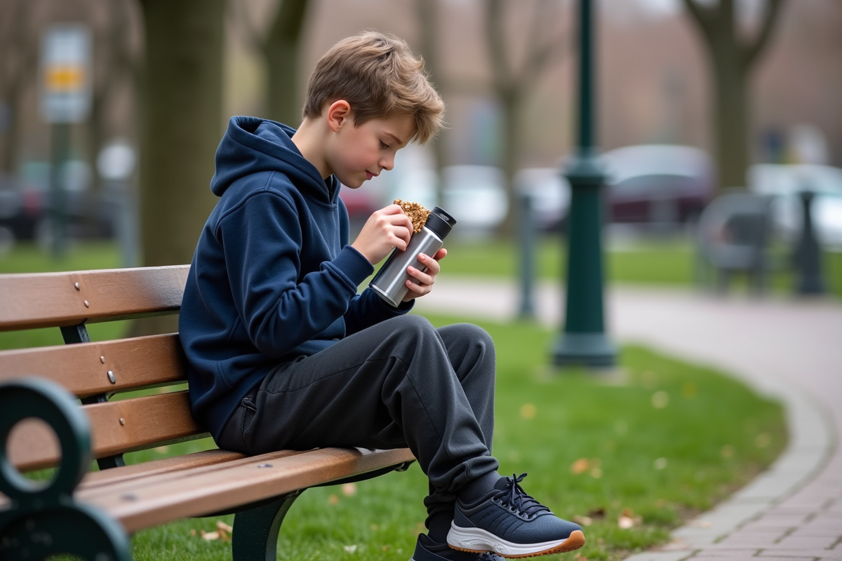Adolescent dégustant une barre de céréales dans un parc urbain