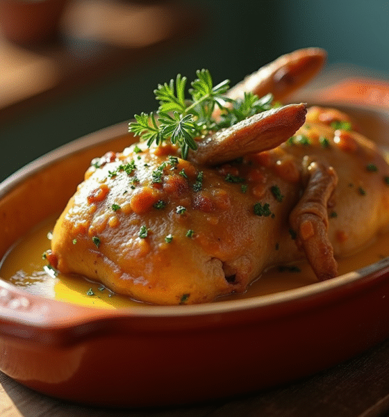 Agneau au four avec sauce moutarde dans un plat rustique