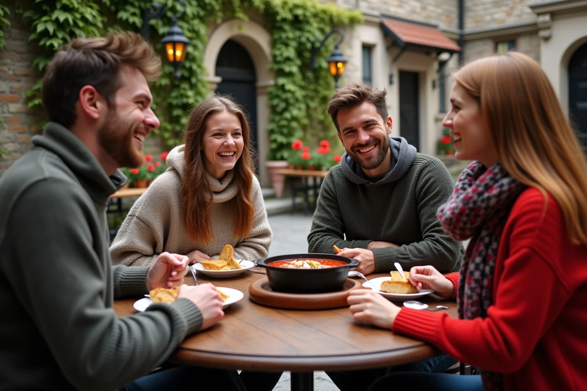 Jeunes amis partageant un goulash en extérieur à Budapest