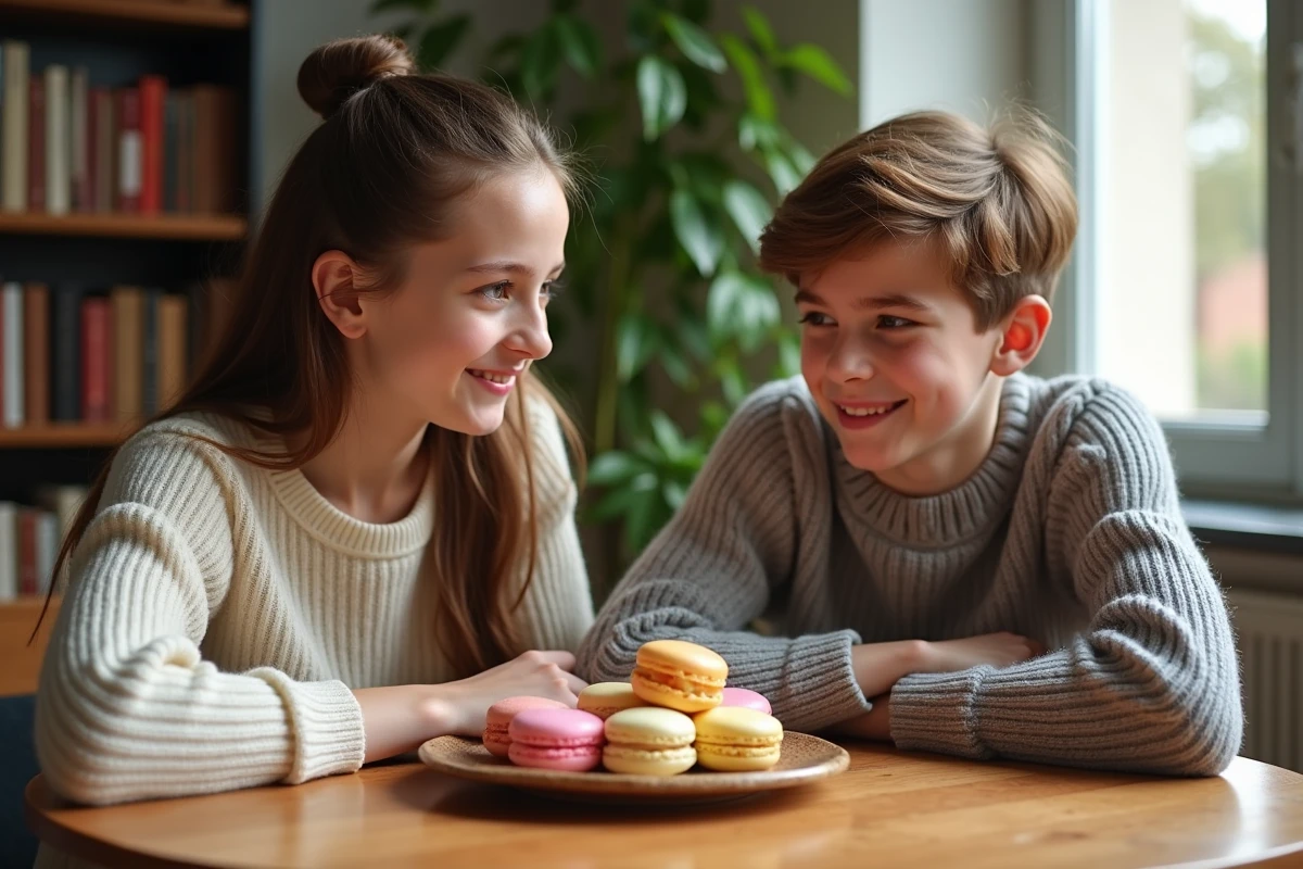 Adolescents partageant des macarons colorés