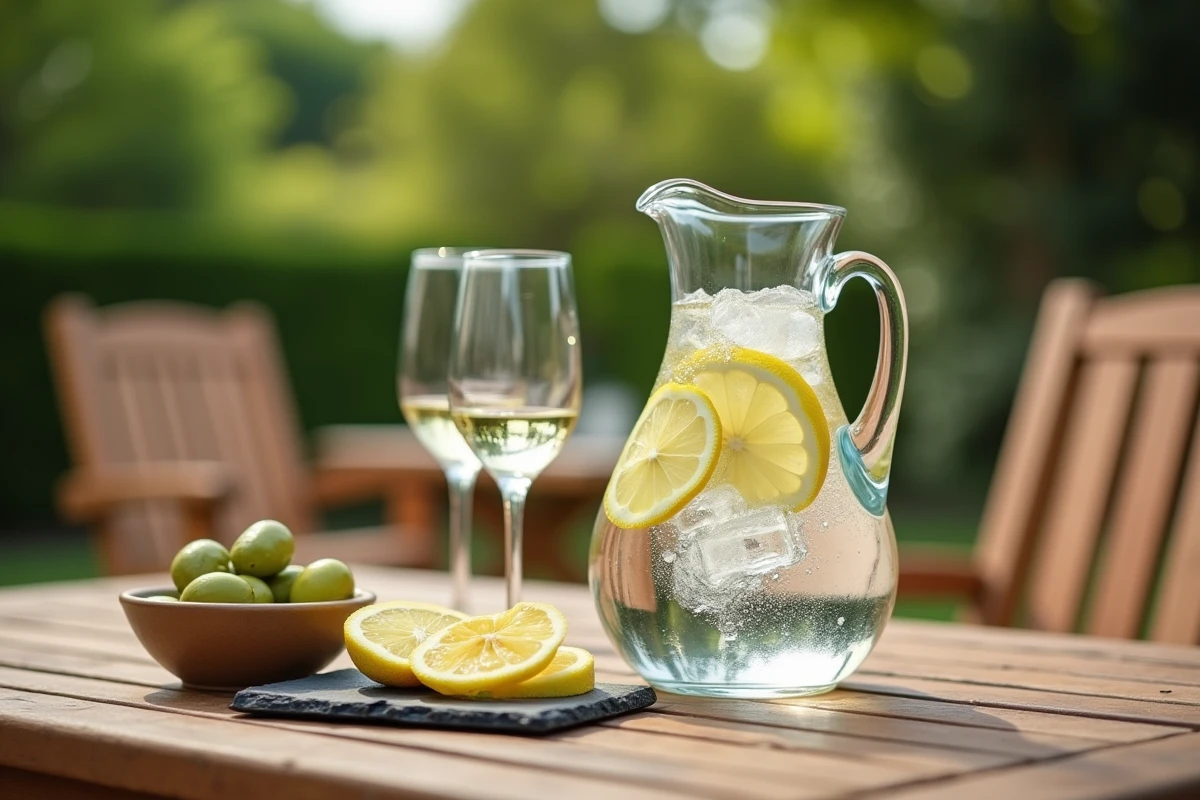 Table d'apéritif estival avec carafe de citronnade pétillante, olives et rondelles de citron sur une terrasse en bois