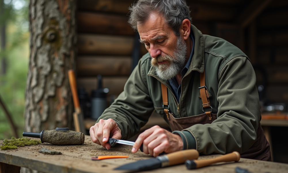 Artisan homme examinant un couteau robuste en forêt