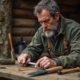 Artisan homme examinant un couteau robuste en forêt