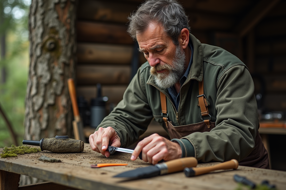 Artisan homme examinant un couteau robuste en forêt