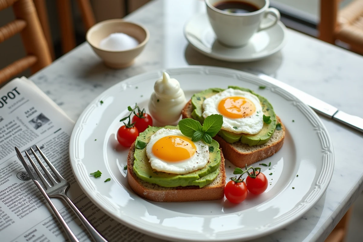 Gros plan d'une assiette de brunch soigneusement dressée dans un café côtier d'Hyères avec toast à l'avocat et espresso