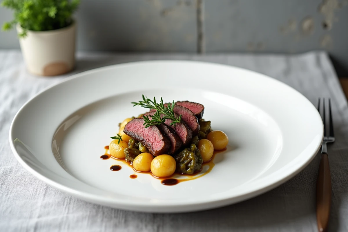Assiette de carbonnade flamande ch'ti allégée avec pommes de terre vapeur et chicorée sur nappe en lin gris