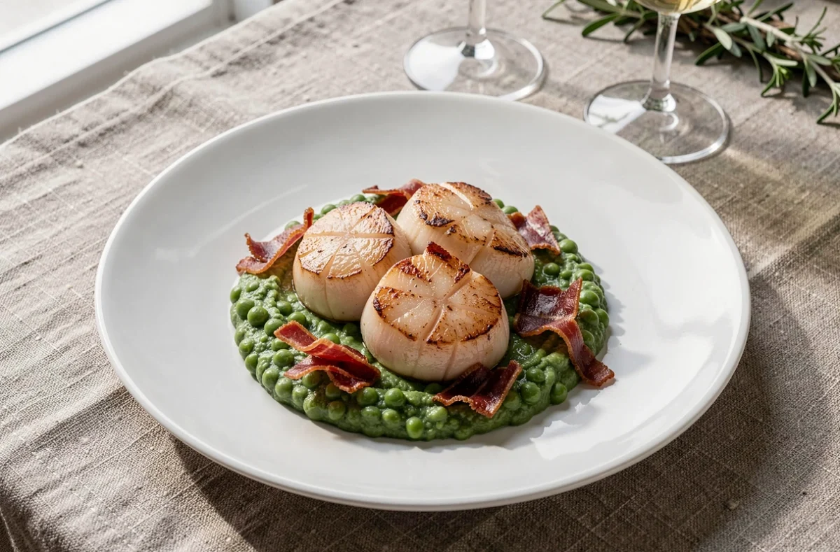 Assiette gastronomique de coquilles Saint-Jacques avec purée de petits pois et pancetta croustillante