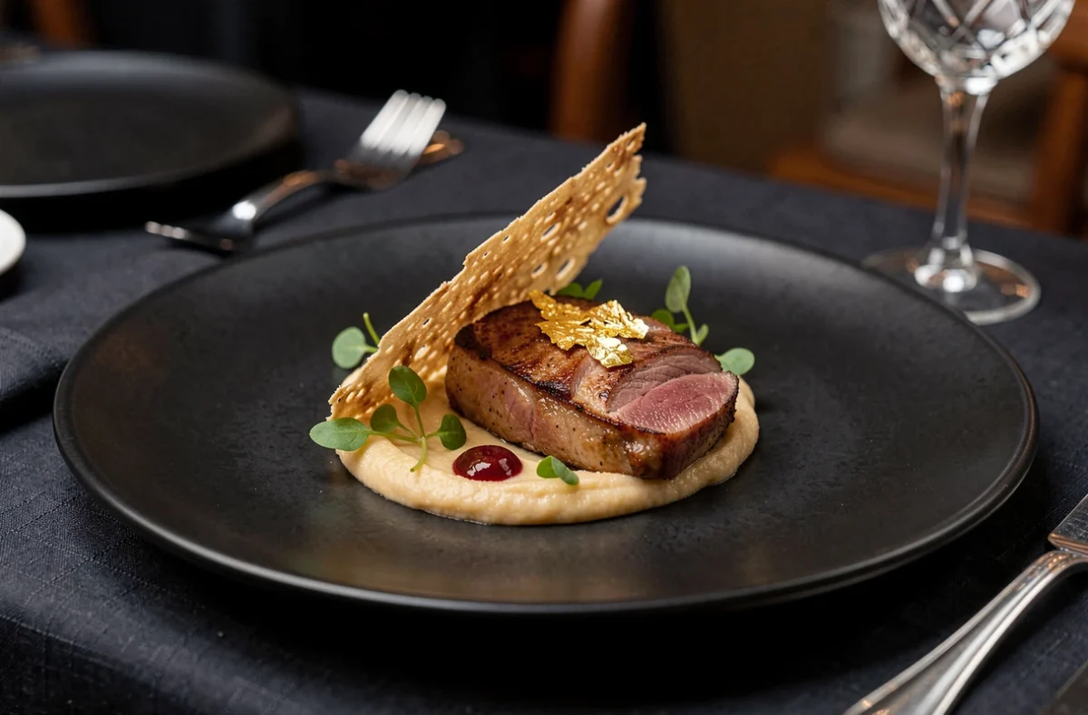 Assiette gastronomique raffinée avec magret de canard et garnitures délicates servie dans un restaurant étoilé de Lille