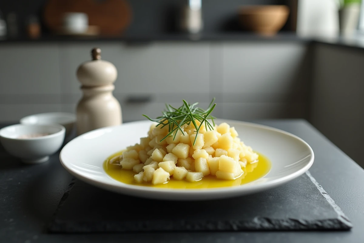 Assiette de pommes de terre écrasées à l'huile d'olive et ciboulette sur comptoir en ardoise, présentation cuisine moderne minimaliste
