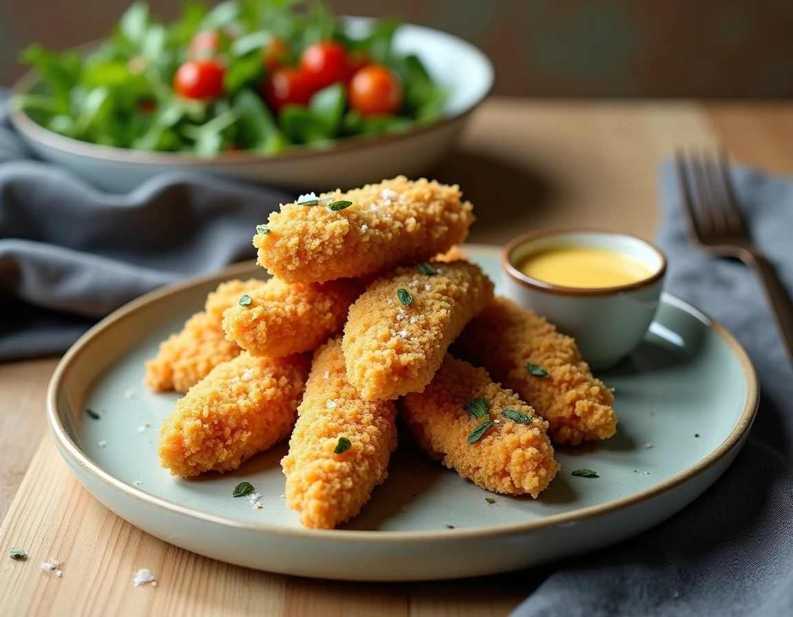 Assiette de lanières de poulet panées au panko croustillant servies avec une sauce dorée et une salade fraîche