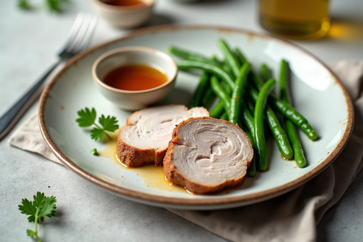 Assiette de rôti de porc leger servi avec haricots verts et jus de cuisson sur une table en pierre grise