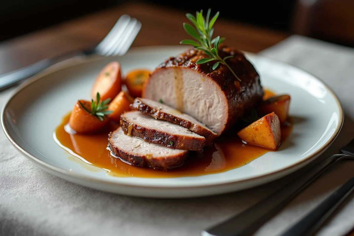 Assiette de rôti de porc tranché avec légumes rôtis et jus de cuisson sur table en bois sombre