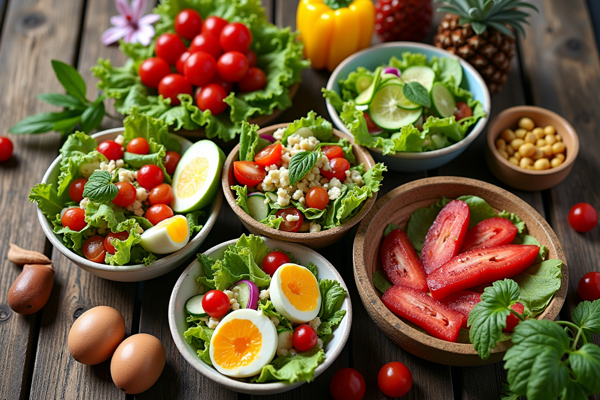 Assortiment de salades colorées pour barbecue en extérieur