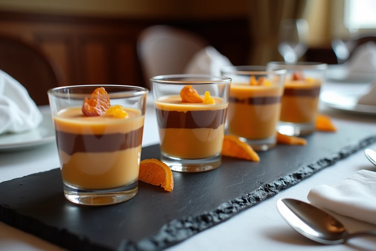 Assortiment de verrines au kaki et mousse chocolat sur ardoise pour dîner élégant