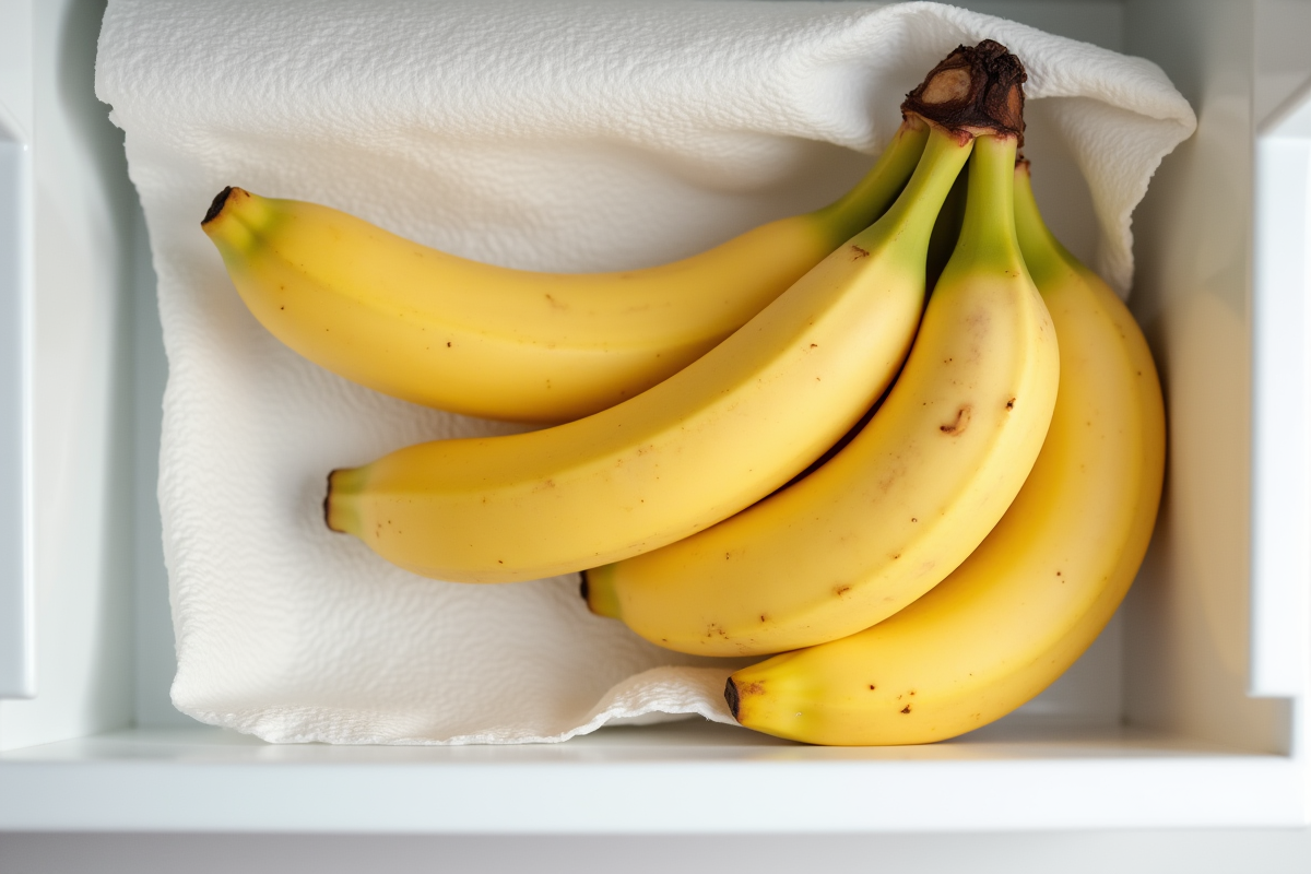 Bananes emballées dans un torchon dans un tiroir de frigo