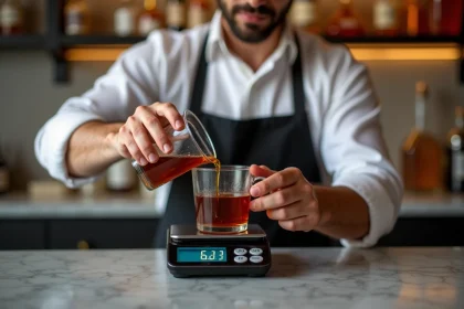 Barman professionnel dosant du sirop en grammes sur une balance de cuisine pour la préparation de cocktails