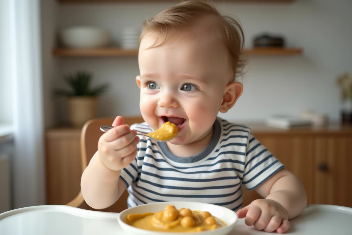 Bébé dans haute siège dégustant purée de pois chiches