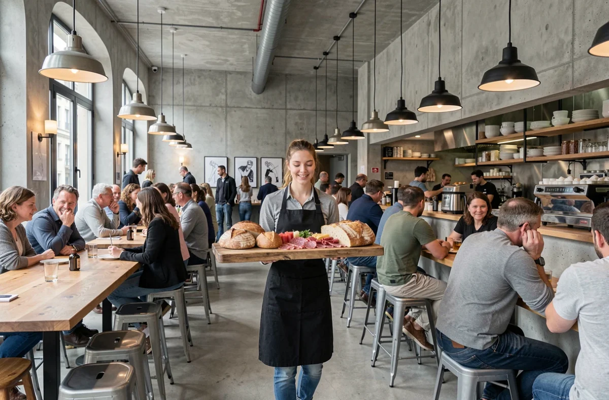 Grande salle animée du bistrot BIM! à Strasbourg avec cuisine ouverte et service d'une planche de charcuterie