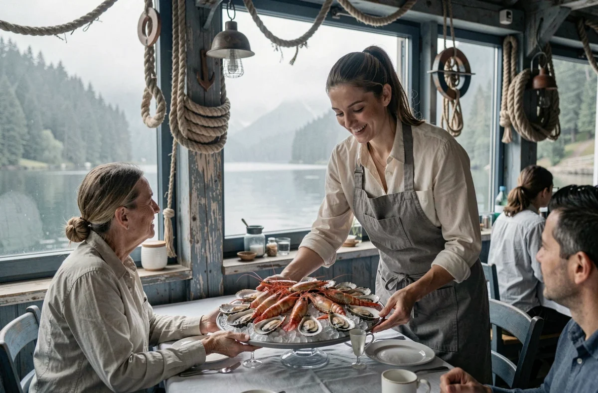 Plateau de fruits de mer au Bistrot de la Perle à Gérardmer avec vue sur le lac des Vosges en arrière-plan