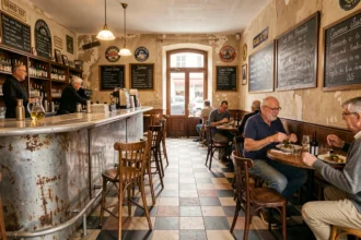 Intérieur typique d'un bistrot du Grand Est avec comptoir en zinc, chaises dépareillées et menu à la craie