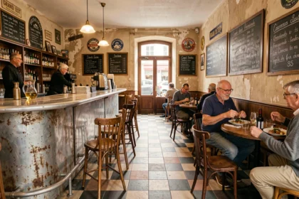 Intérieur typique d'un bistrot du Grand Est avec comptoir en zinc, chaises dépareillées et menu à la craie