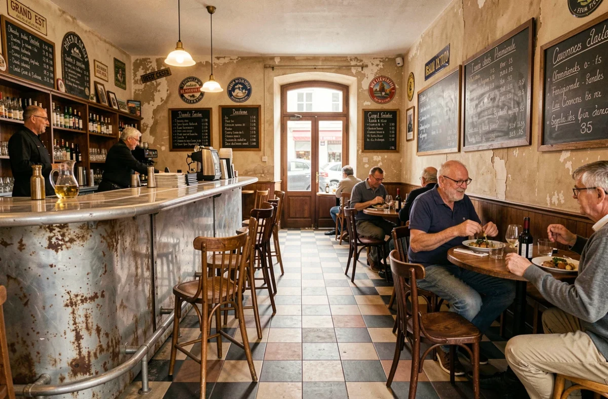 Intérieur typique d'un bistrot du Grand Est avec comptoir en zinc, chaises dépareillées et menu à la craie