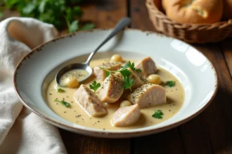 Blanquette de veau maison servie dans un bol en céramique blanche avec une sauce onctueuse et du persil frais, vue de dessus