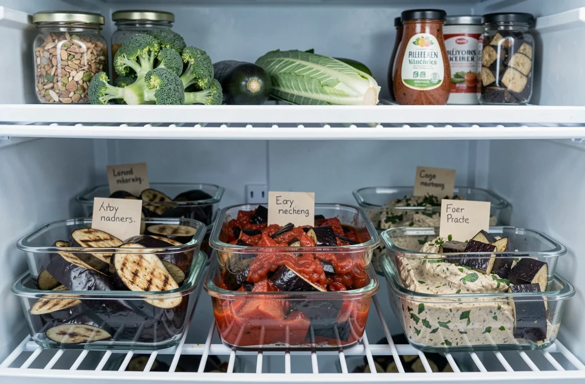 Boîtes de conservation remplies de différentes préparations d'aubergines organisées dans le réfrigérateur pour la semaine de batch cooking