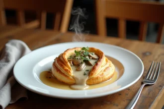 Bouchée à la reine dorée garnie d'une sauce nappante crémeuse aux champignons et poulet, servie sur une assiette en porcelaine blanche dans un bistro français