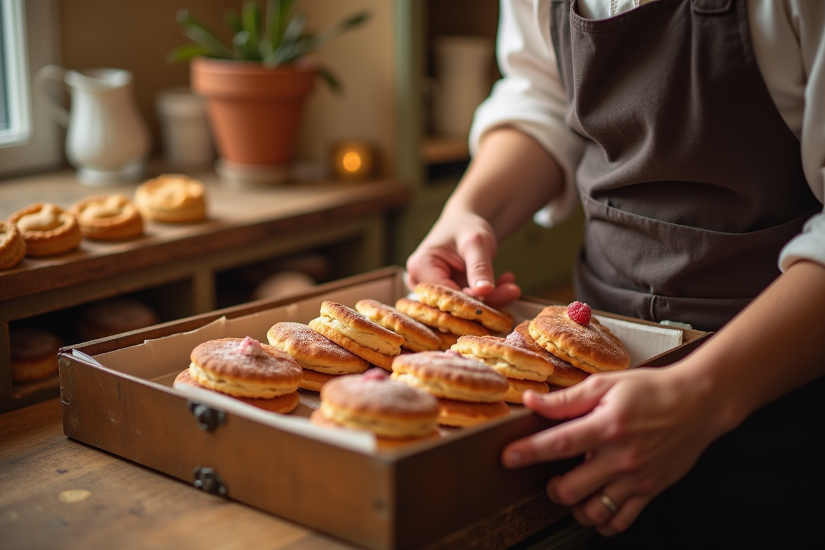 Main de boulanger plaçant un biscuit rose dans une boîte vintage
