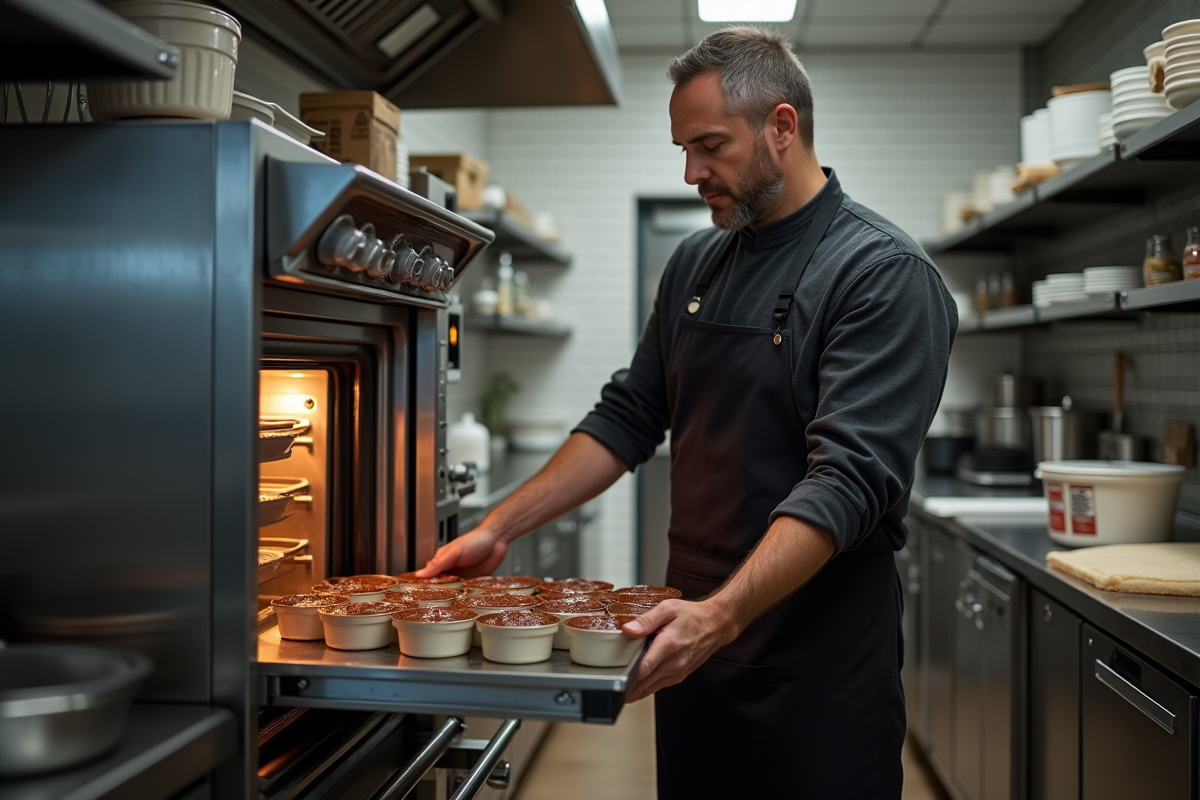 Boulanger sortant des ramequins de chocolat fondu du four professionnel