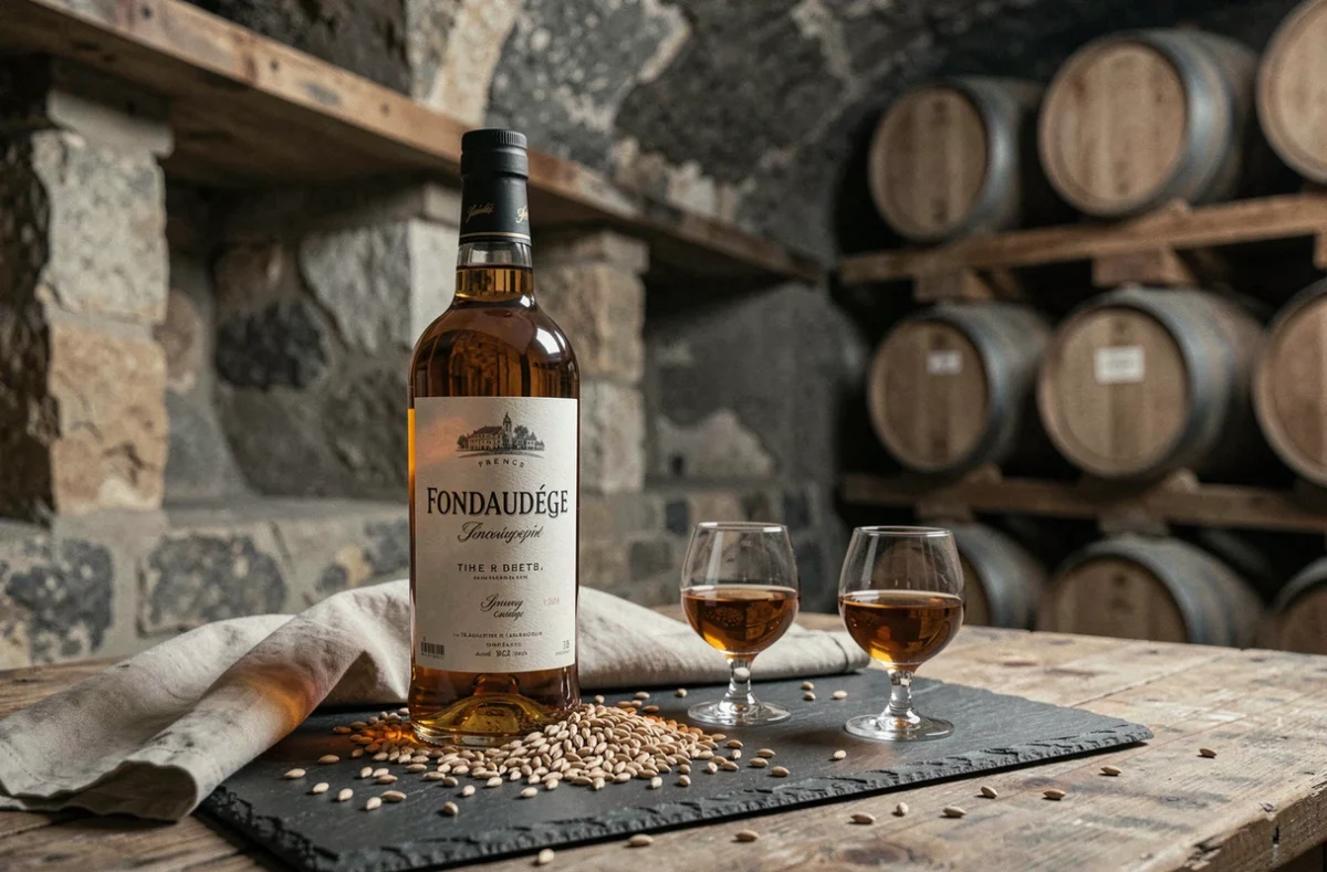 Bouteille de whisky Fondaudège et verres de dégustation sur une planche en ardoise avec orge et lin