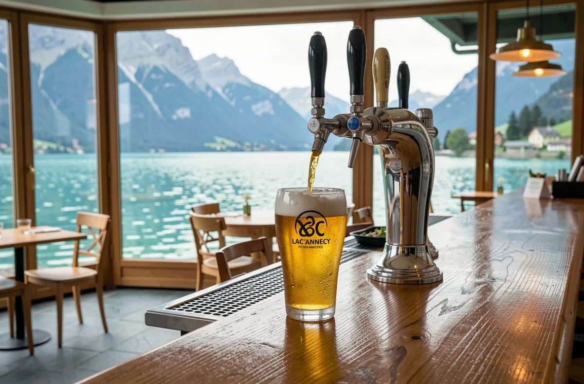 Bière artisanale de la Brasserie du Mont Salève servie à la pression avec le lac d'Annecy et les montagnes visibles en arrière-plan