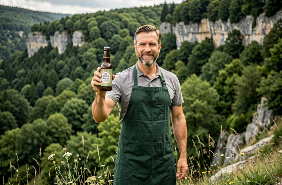 Brasseur de la Brasserie du Vercors tenant une bouteille de bière artisanale bio devant la forêt verdoyante du massif du Vercors en Isère