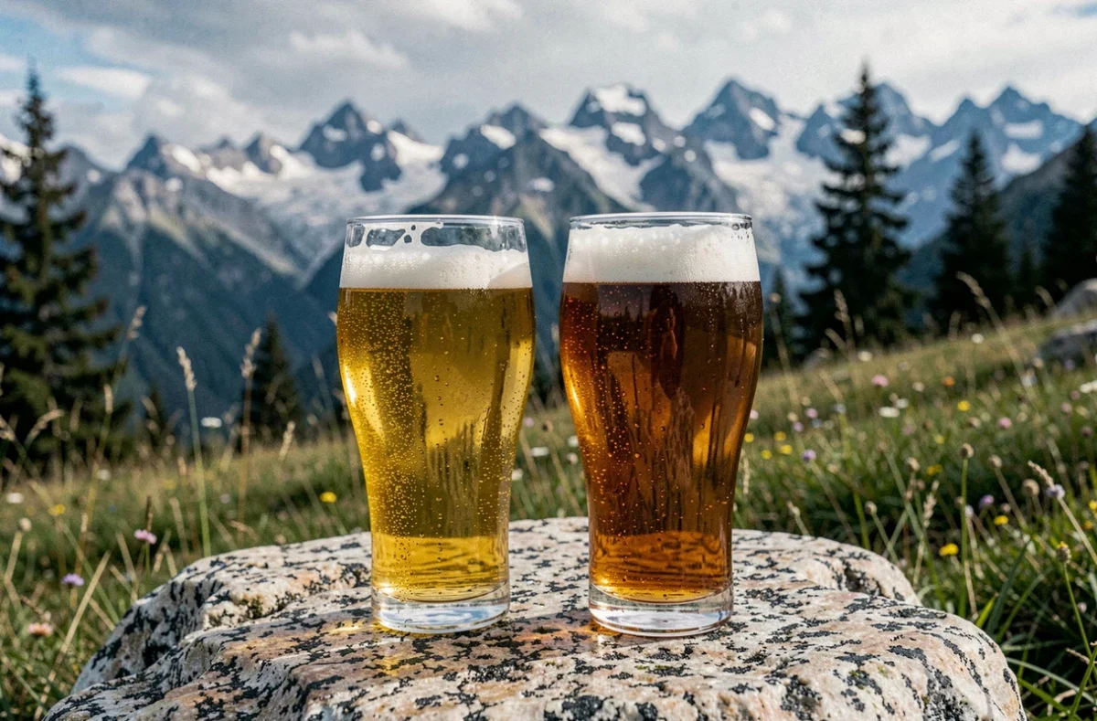 Verres de bière artisanale de la Brasserie Galibier posés sur un rocher granitique avec les sommets enneigés de la Savoie en arrière-plan