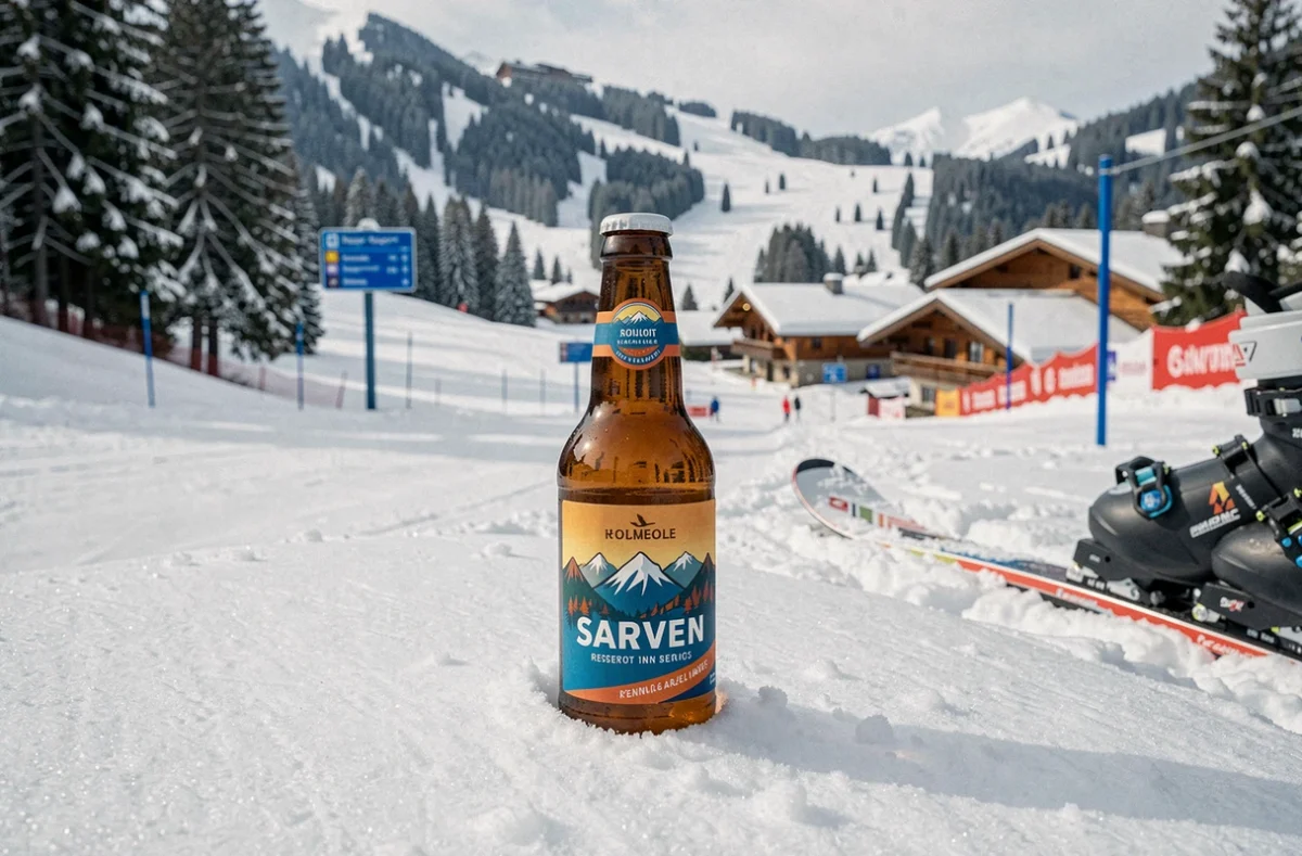 Bouteille de bière artisanale Gwape posée dans la neige fraîche sur une piste de ski d'une station savoyarde avec les sommets alpins en arrière-plan