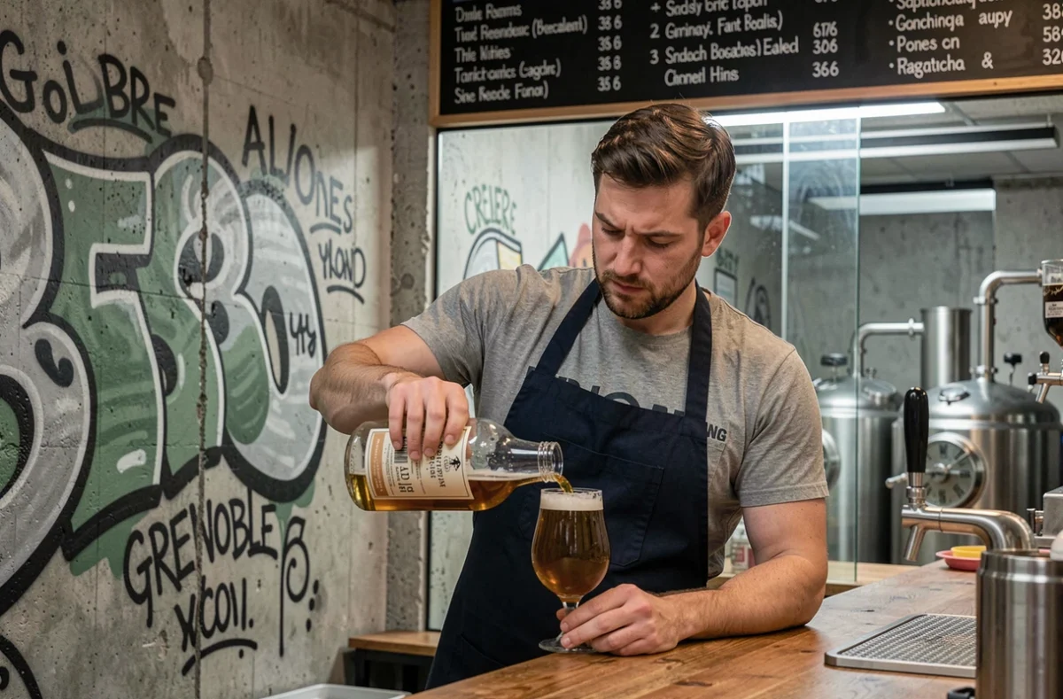 Brasseur de la microbrasserie Neptune à Grenoble versant une bière artisanale dans un verre tulipe devant des cuves en inox