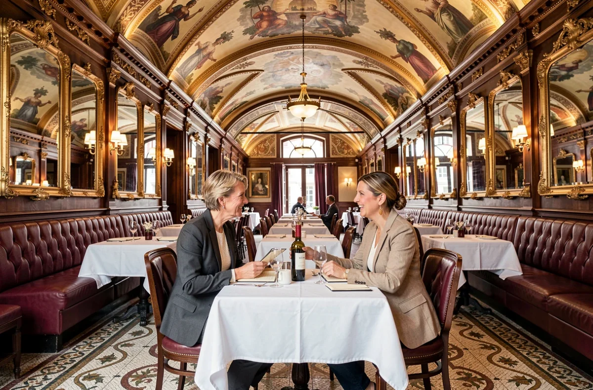Intérieur Belle Époque de la Brasserie Saint Georges à Nancy avec mosaïques, miroirs dorés et banquettes en cuir