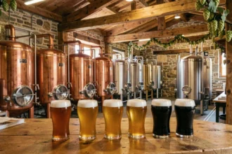 Vue d'ensemble d'une brasserie artisanale en Auvergne-Rhône-Alpes avec cuves de fermentation et verres de bières artisanales sur un comptoir en bois