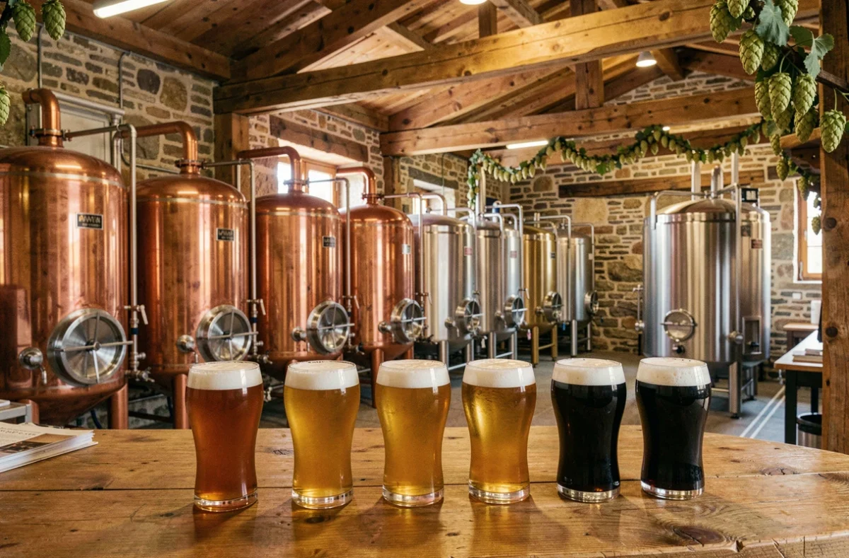 Vue d'ensemble d'une brasserie artisanale en Auvergne-Rhône-Alpes avec cuves de fermentation et verres de bières artisanales sur un comptoir en bois