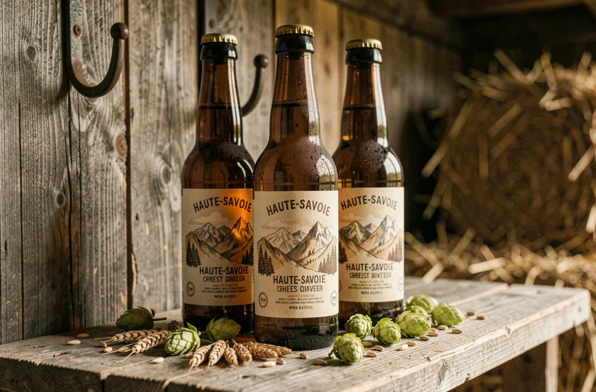 Bouteilles de bières artisanales Les Brasseurs Savoyards avec étiquettes illustrées posées sur une planche de grange en bois en Haute-Savoie