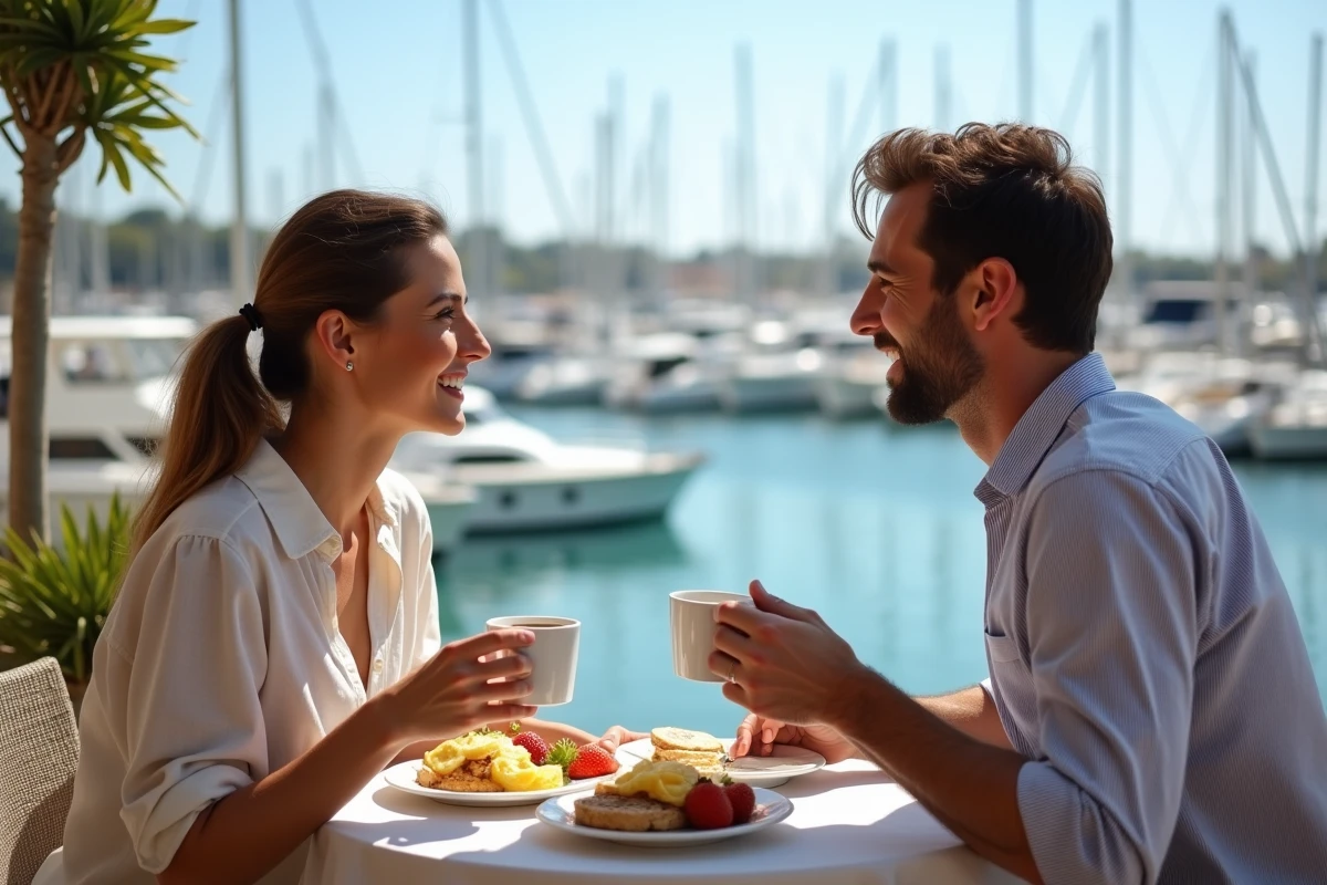Couple savourant un brunch face au port d'Hyères avec bateaux amarrés et quai maritime en arrière-plan
