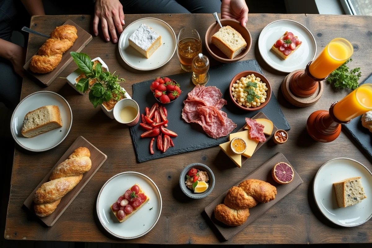 Brunch dominical avec charcuteries et fromages régionaux dressés sur table en bois dans un bistro moderne de Carcassonne