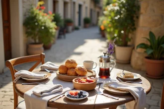 Table de brunch en terrasse dans le centre historique d'Hyères avec vieilles facades provençales et pastries frais