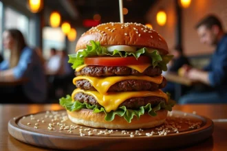 Burger classique américain au cheddar fondu et brioche dorée dans un restaurant de New York