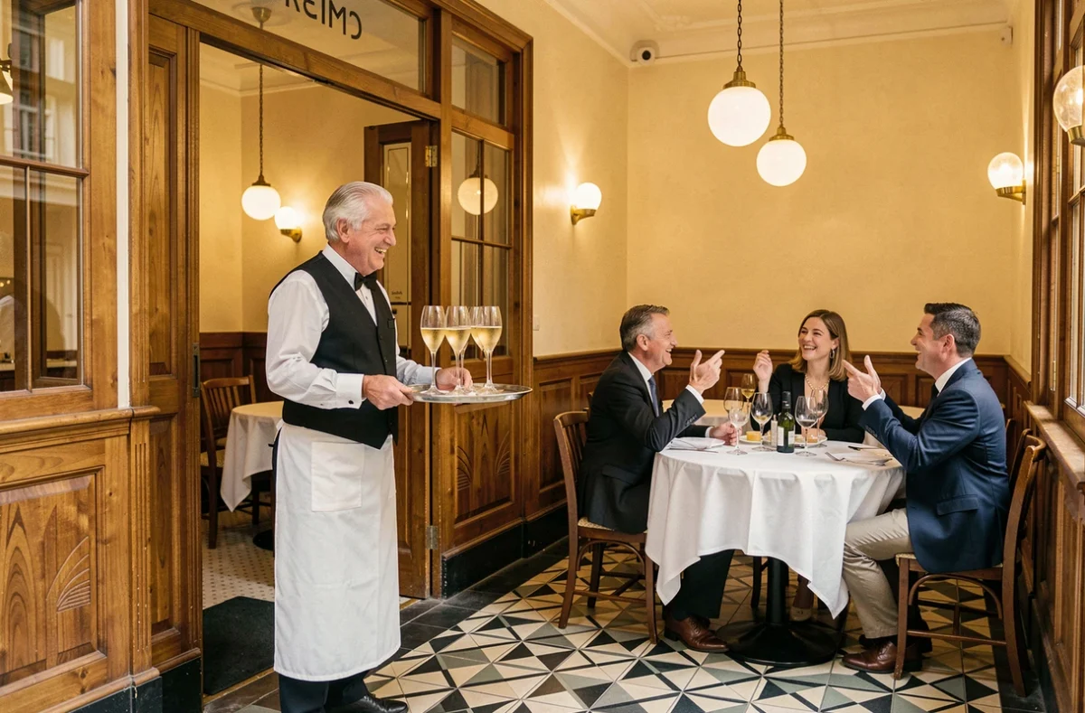 Intérieur Art Déco du Café de la Paix à Reims avec serveur portant des coupes de champagne