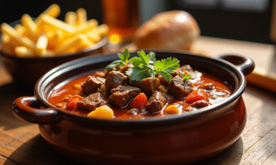 Carbonade flamande dans un bol en céramique rustique sur une table en bois
