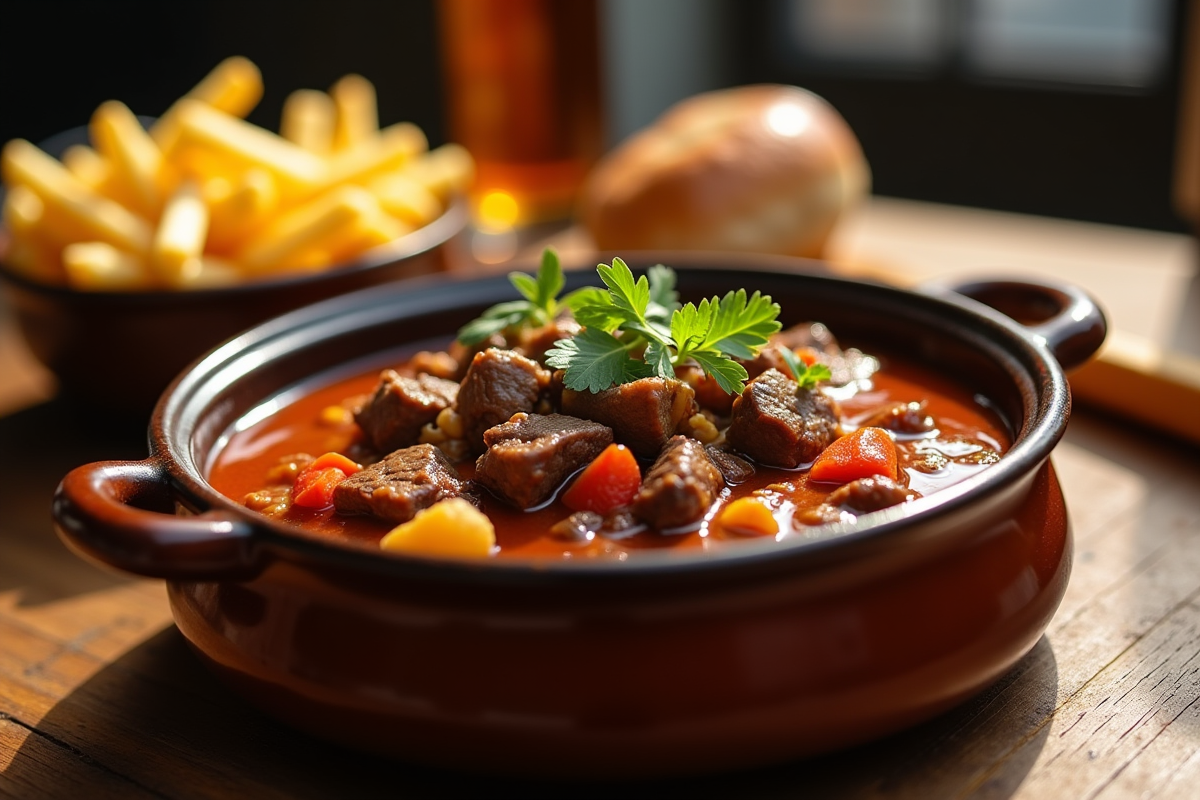 Carbonade flamande dans un bol en céramique rustique sur une table en bois