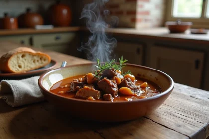 Carbonnade flamande ch'ti allégée servie dans un bol en céramique rustique avec du pain brun sur une table en chêne
